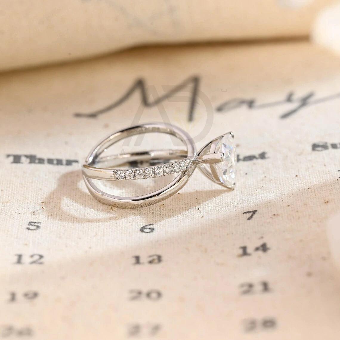 Split shank trilliant cut half pave moissanite engagement ring, Solid gold cross band trillion cut moissanite wedding ring, Anniversary gift, Trilliant cut moissanite ring, Half pave moissanite ring, Solid gold wedding band.