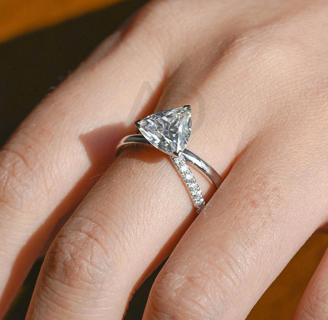 Split shank trilliant cut half pave moissanite engagement ring, Solid gold cross band trillion cut moissanite wedding ring, Anniversary gift, Trilliant cut moissanite ring, Half pave moissanite ring, Solid gold wedding band.