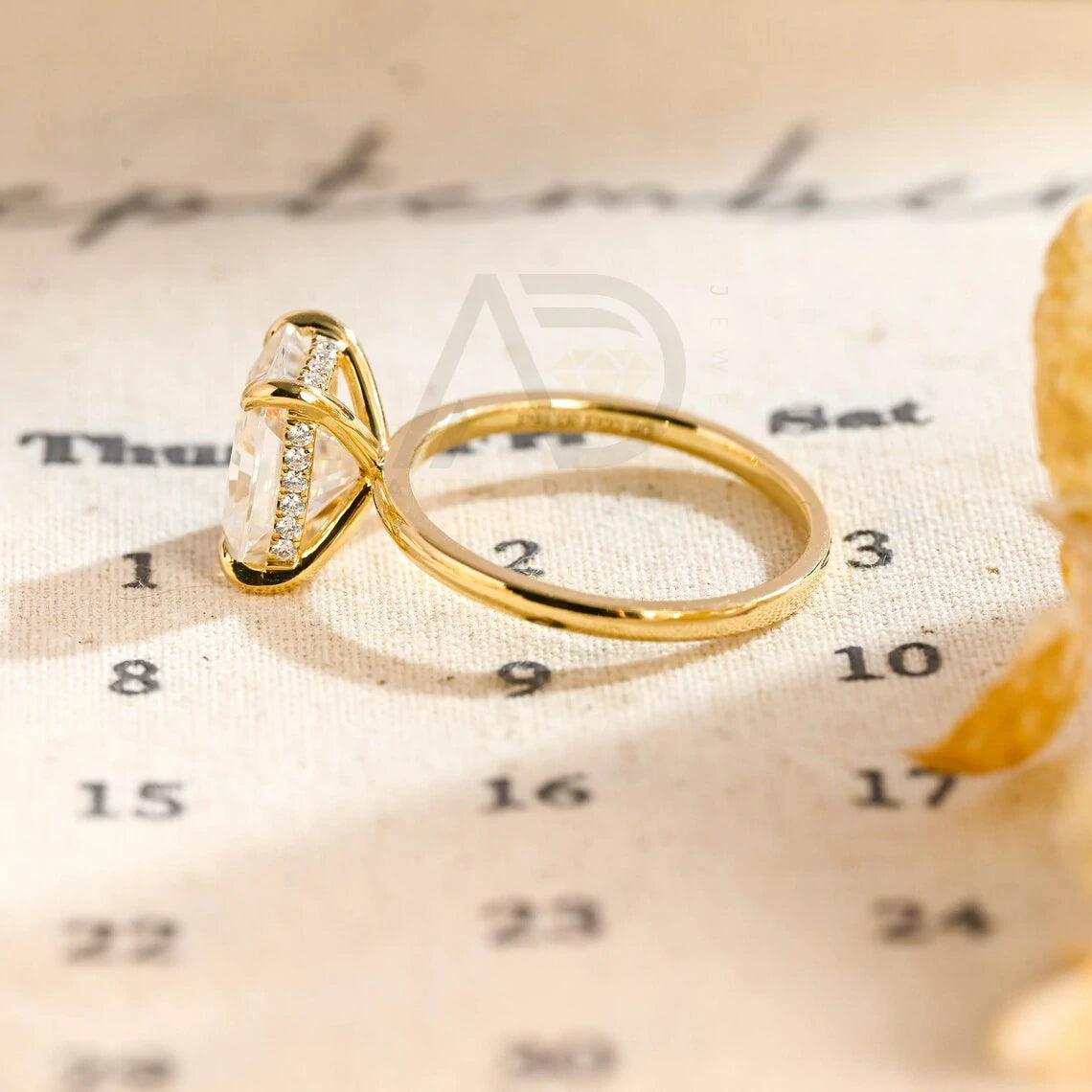 Solid gold radiant moissanite wedding ring, Promise ring, Hidden-halo radiant engagement ring for women, Solitaire anniversary ring for wife, Radiant moissanite ring, Wedding band, Anniversary gift, Bridal jewelry, Solitaire promise ring.