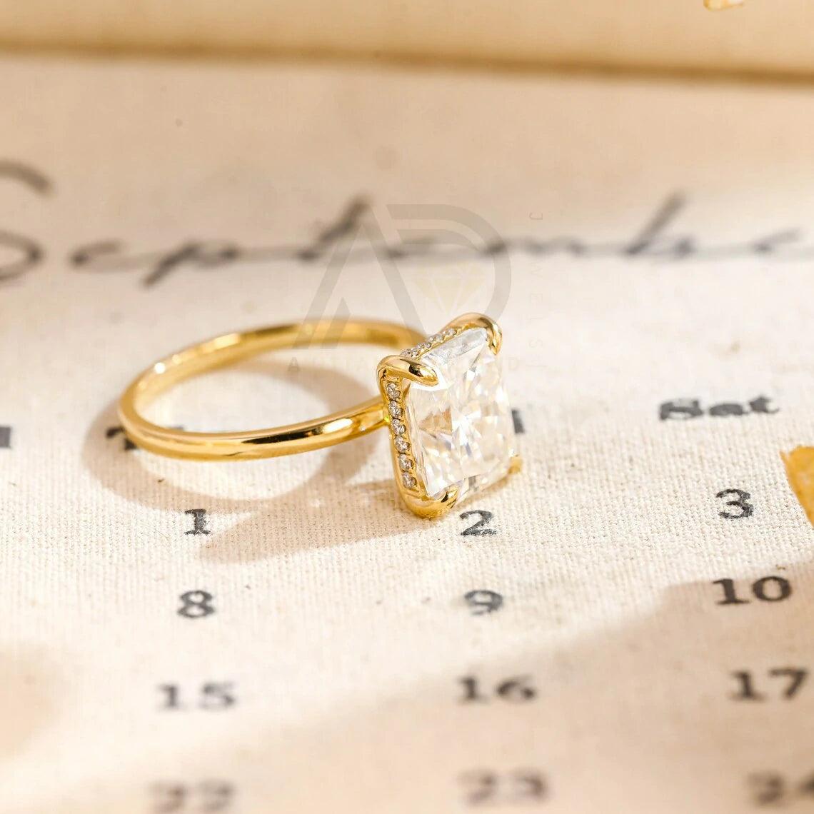 Solid gold radiant moissanite wedding ring, Promise ring, Hidden-halo radiant engagement ring for women, Solitaire anniversary ring for wife, Radiant moissanite ring, Wedding band, Anniversary gift, Bridal jewelry, Solitaire promise ring.