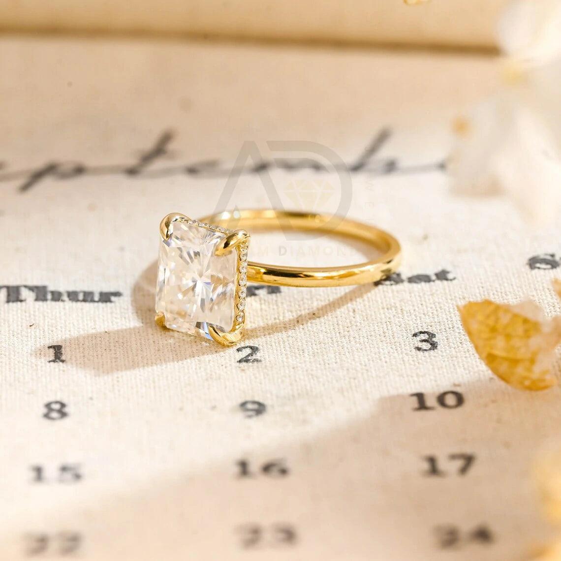 Solid gold radiant moissanite wedding ring, Promise ring, Hidden-halo radiant engagement ring for women, Solitaire anniversary ring for wife, Radiant moissanite ring, Wedding band, Anniversary gift, Bridal jewelry, Solitaire promise ring.
