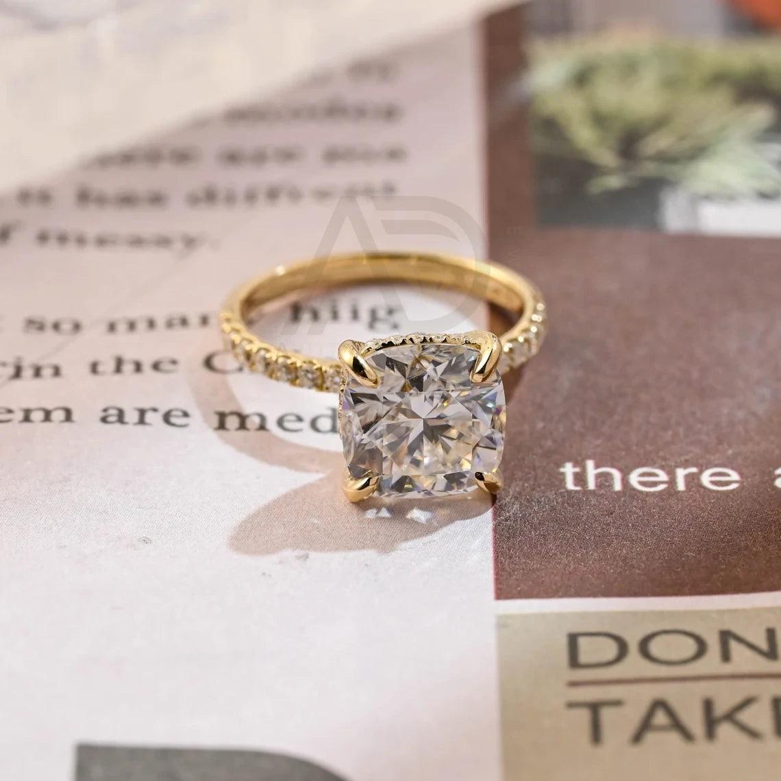 Cushion Cut Moissanite Engagement Ring, Hidden Halo Moissanite Ring, Solid Gold Wedding Ring, Half Pave Cushion Wedding Band, Promise Ring, Anniversary Gift, Women's Moissanite Ring, Customizable Engagement Ring, Fine Jewelry, Unique Promise Ring, Luxurious Anniversary Gift, Symbol of Love, Timeless Elegance, Romantic Jewelry