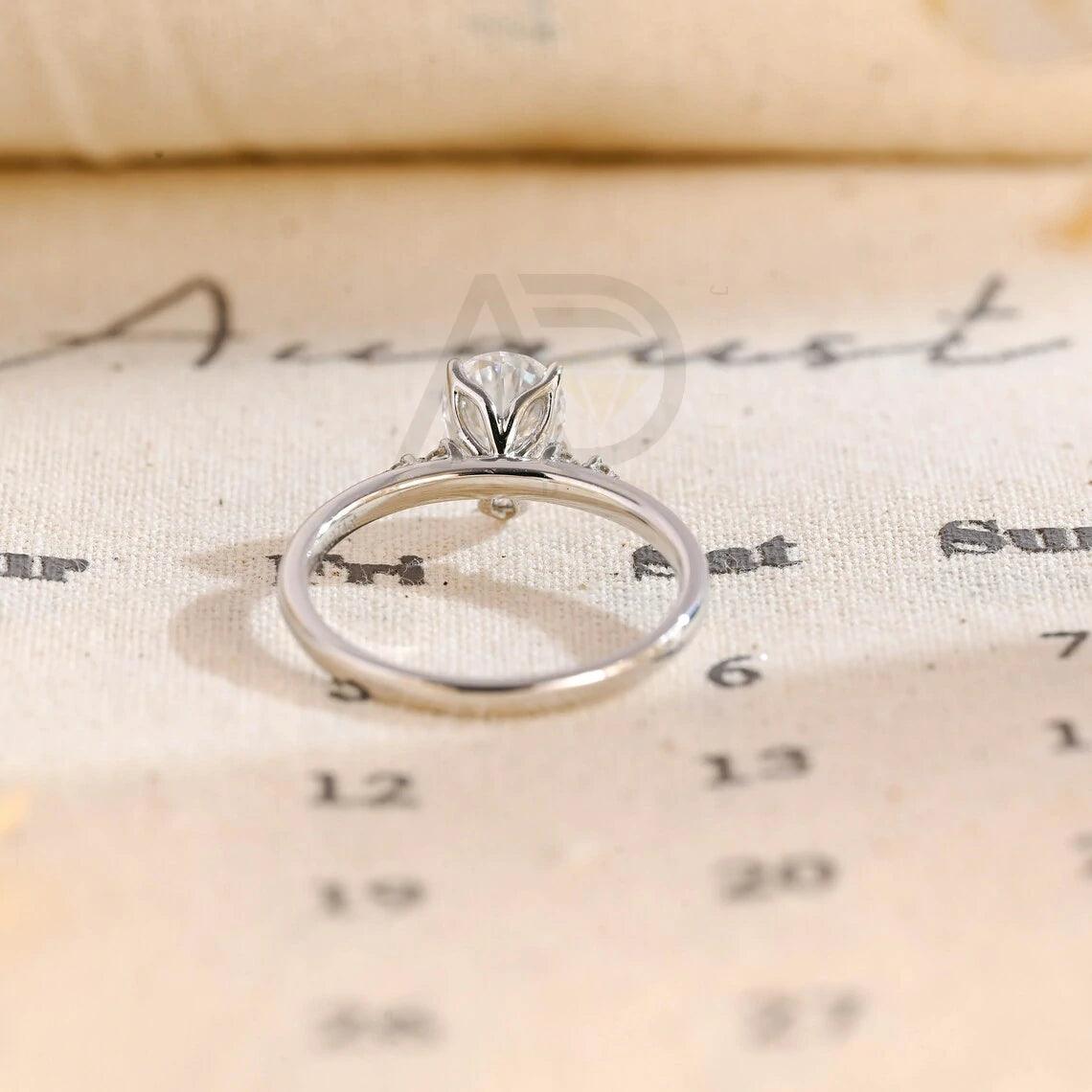 Tulip Flower Setting Pear Cut Moissanite Engagement Ring with Side Stones, Dainty Classic Real Solid Gold Pear Cut Moissanite Wedding Ring