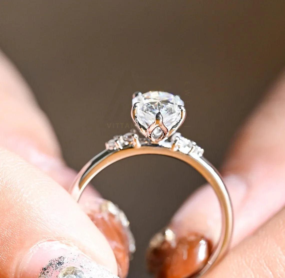 Tulip Flower Setting Pear Cut Moissanite Engagement Ring with Side Stones, Dainty Classic Real Solid Gold Pear Cut Moissanite Wedding Ring