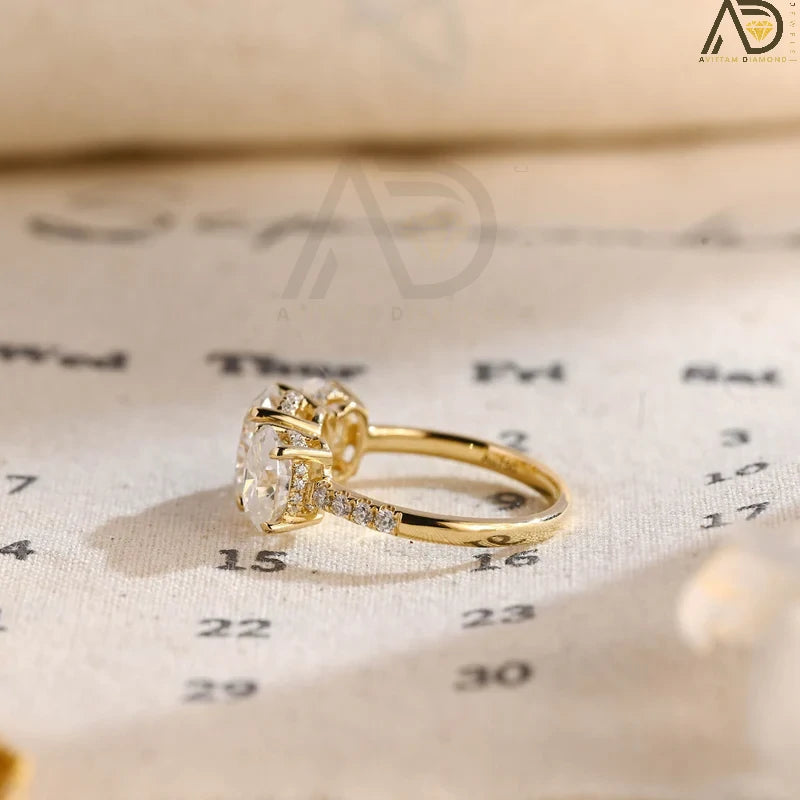 Discover our Three Stone Oval Cut Moissanite Engagement Ring, featuring a classic and unique design. Perfect for expressing your love with timeless elegance!