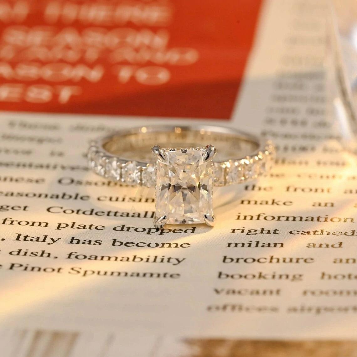 Solid gold radiant cut moissanite engagement ring, Hidden-halo pave radiant cut moissanite promise ring, Wedding ring, Anniversary gift, Radiant cut moissanite ring, Hidden-halo moissanite ring, Pave moissanite ring, Promise ring, Unique engagement ring, Sparkling wedding ring You