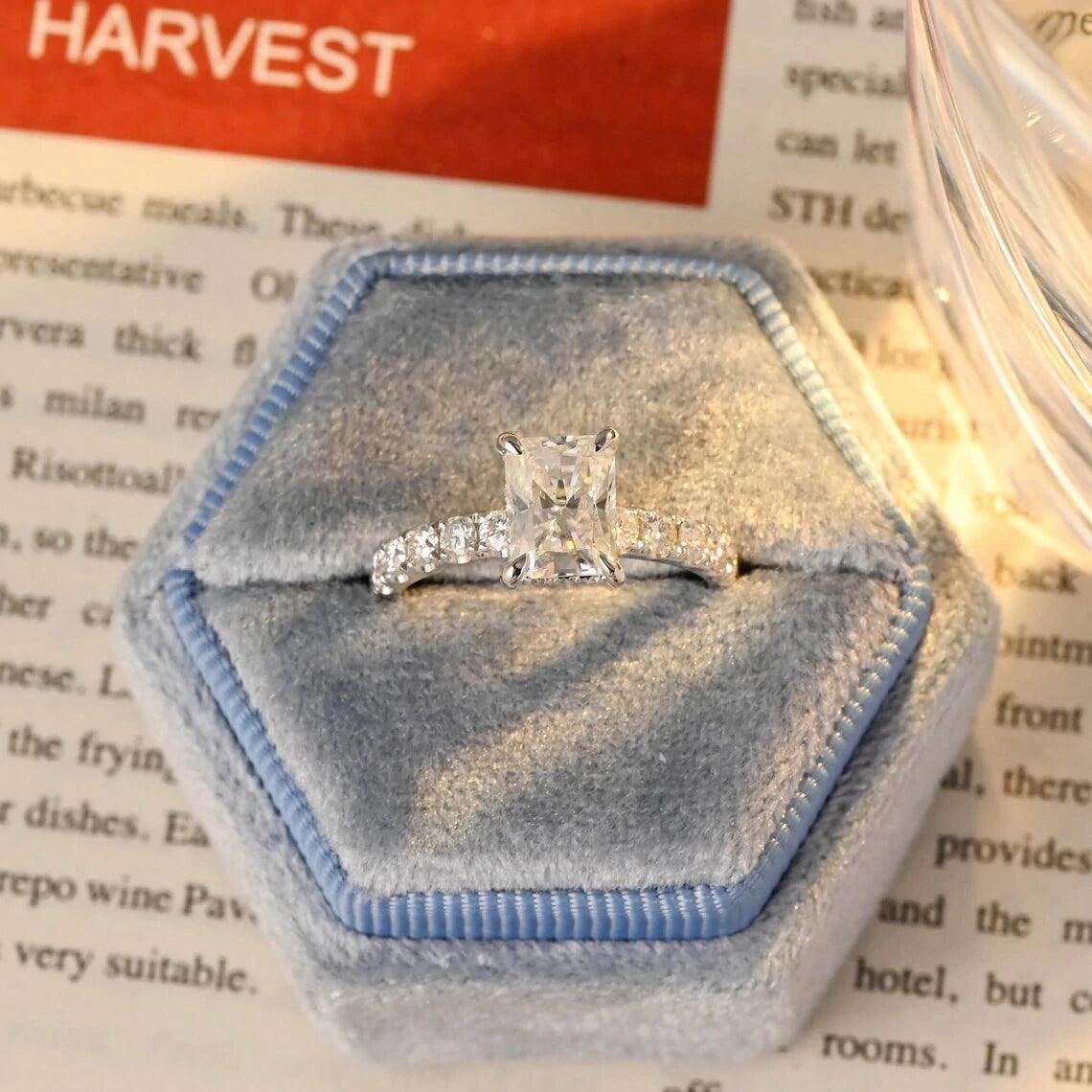 Solid gold radiant cut moissanite engagement ring, Hidden-halo pave radiant cut moissanite promise ring, Wedding ring, Anniversary gift, Radiant cut moissanite ring, Hidden-halo moissanite ring, Pave moissanite ring, Promise ring, Unique engagement ring, Sparkling wedding ring You