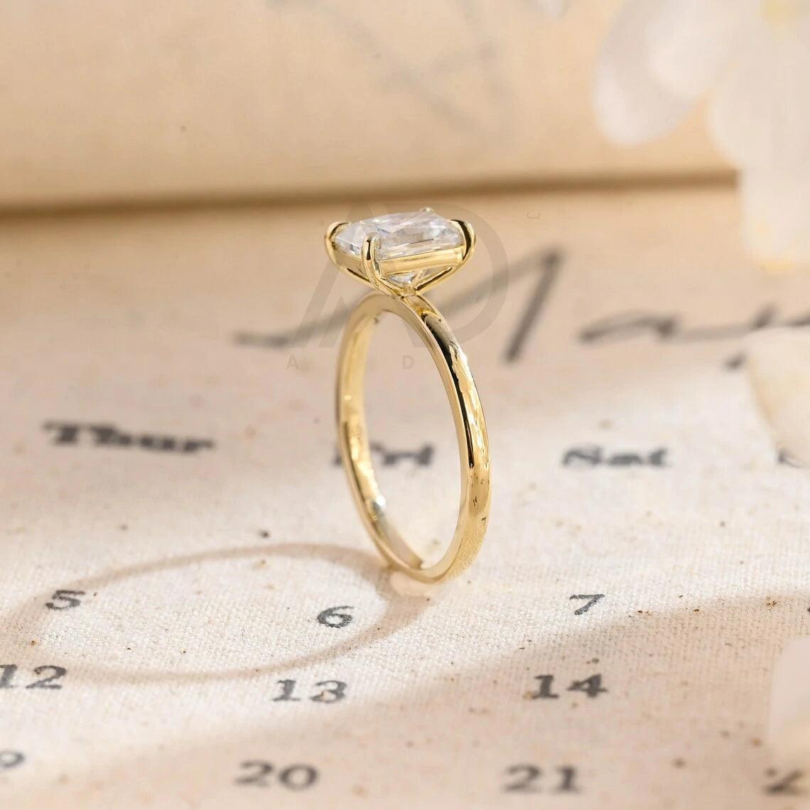 Radiant Cut Solitaire Moissanite Engagement Ring, Solid Gold Low Profile Promise Ring, Anniversary Gift for Women, Women's Moissanite Ring, Customizable Fine Jewelry, Unique Anniversary Gift, Luxurious Symbol of Love, Timeless Elegance, Romantic Anniversary Jewelry