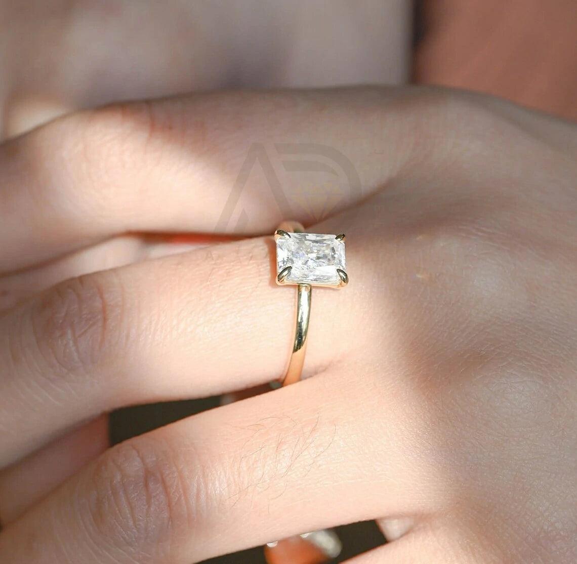 Radiant Cut Solitaire Moissanite Engagement Ring, Solid Gold Low Profile Promise Ring, Anniversary Gift for Women, Women's Moissanite Ring, Customizable Fine Jewelry, Unique Anniversary Gift, Luxurious Symbol of Love, Timeless Elegance, Romantic Anniversary Jewelry