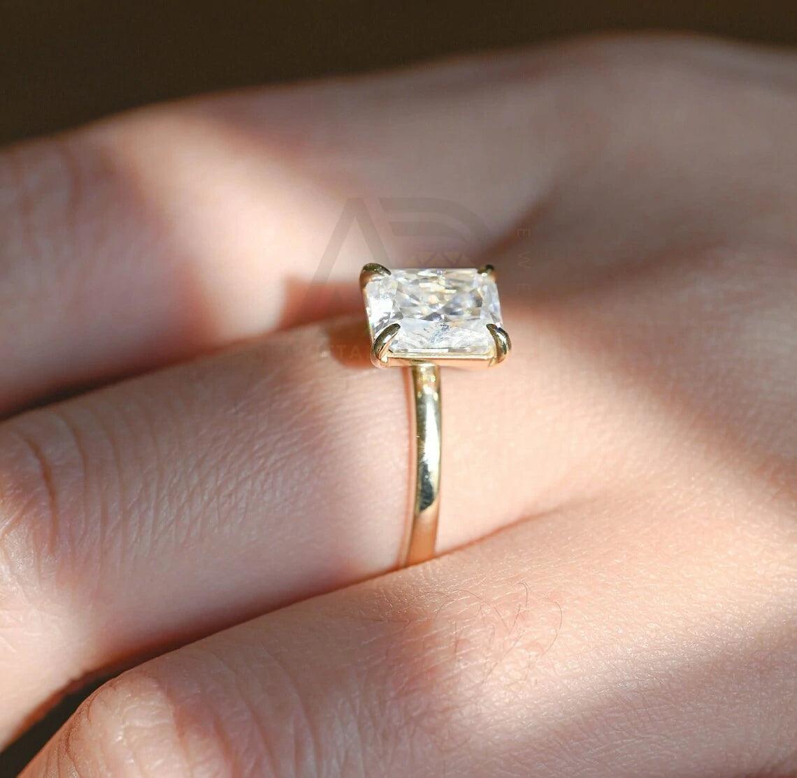 Radiant Cut Solitaire Moissanite Engagement Ring, Solid Gold Low Profile Promise Ring, Anniversary Gift for Women, Women's Moissanite Ring, Customizable Fine Jewelry, Unique Anniversary Gift, Luxurious Symbol of Love, Timeless Elegance, Romantic Anniversary Jewelry