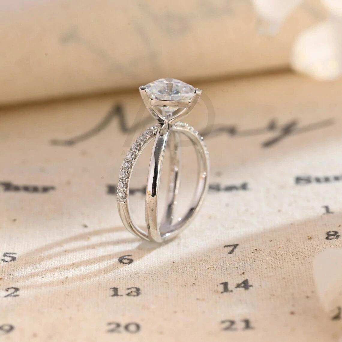 Split shank trilliant cut half pave moissanite engagement ring, Solid gold cross band trillion cut moissanite wedding ring, Anniversary gift, Trilliant cut moissanite ring, Half pave moissanite ring, Solid gold wedding band.