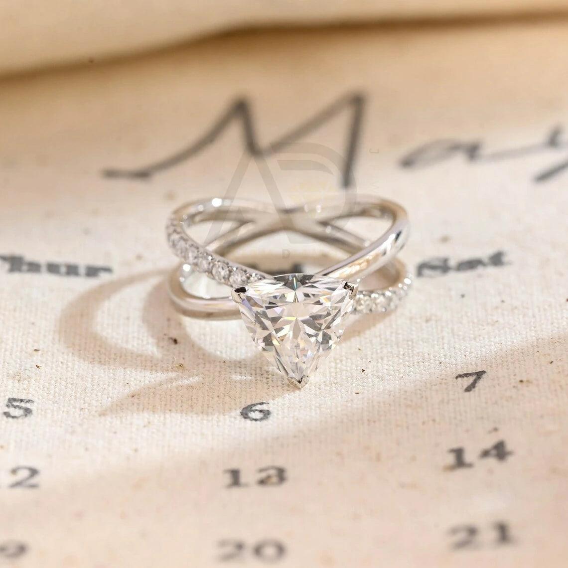 Split shank trilliant cut half pave moissanite engagement ring, Solid gold cross band trillion cut moissanite wedding ring, Anniversary gift, Trilliant cut moissanite ring, Half pave moissanite ring, Solid gold wedding band.