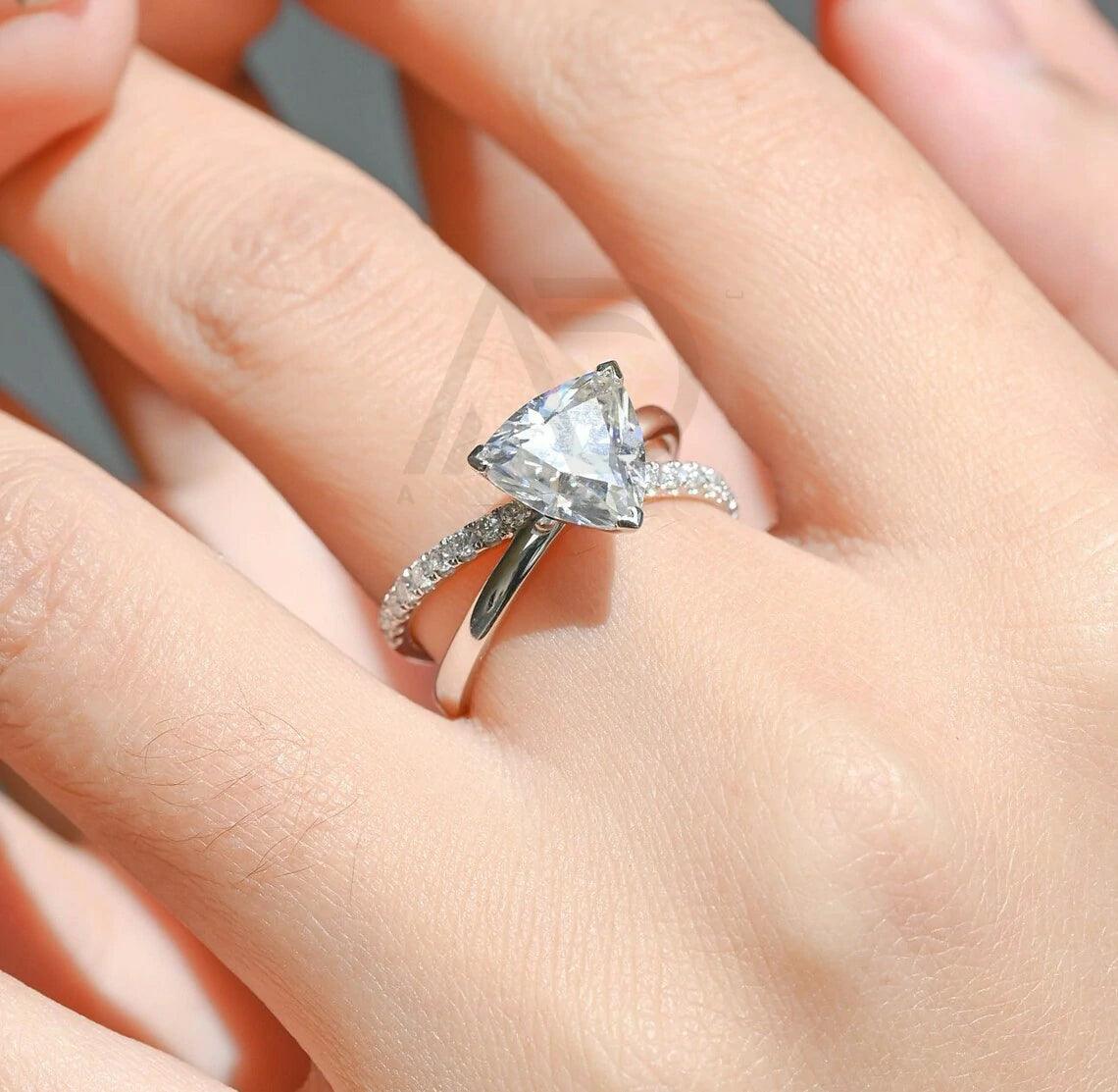 Split shank trilliant cut half pave moissanite engagement ring, Solid gold cross band trillion cut moissanite wedding ring, Anniversary gift, Trilliant cut moissanite ring, Half pave moissanite ring, Solid gold wedding band.