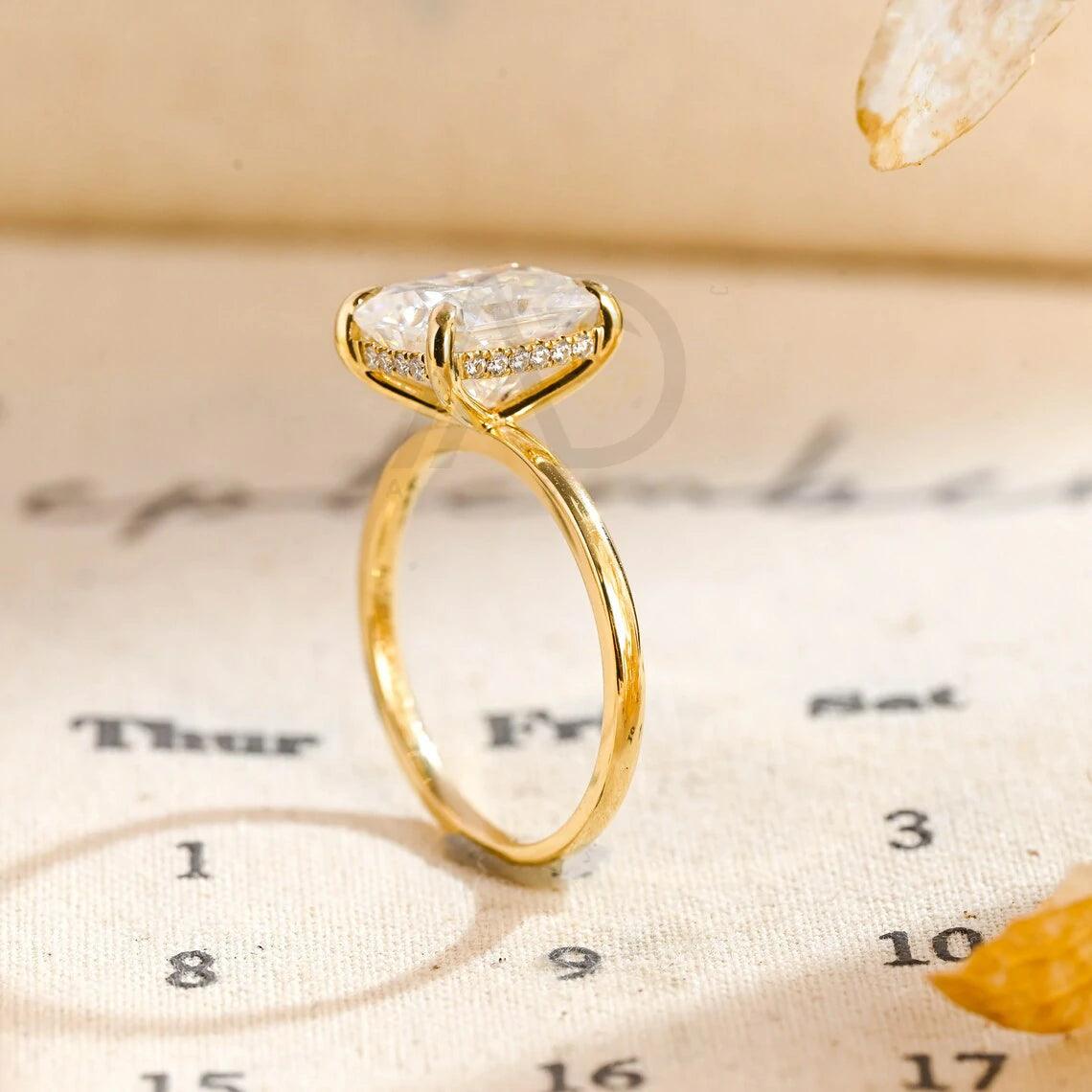Solid gold radiant moissanite wedding ring, Promise ring, Hidden-halo radiant engagement ring for women, Solitaire anniversary ring for wife, Radiant moissanite ring, Wedding band, Anniversary gift, Bridal jewelry, Solitaire promise ring.