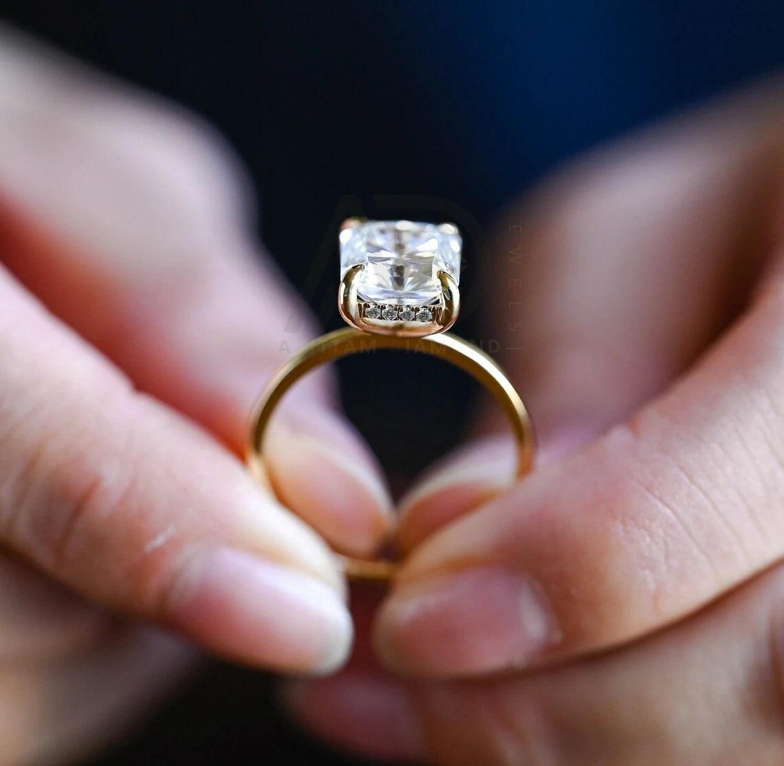 Solid gold radiant moissanite wedding ring, Promise ring, Hidden-halo radiant engagement ring for women, Solitaire anniversary ring for wife, Radiant moissanite ring, Wedding band, Anniversary gift, Bridal jewelry, Solitaire promise ring.