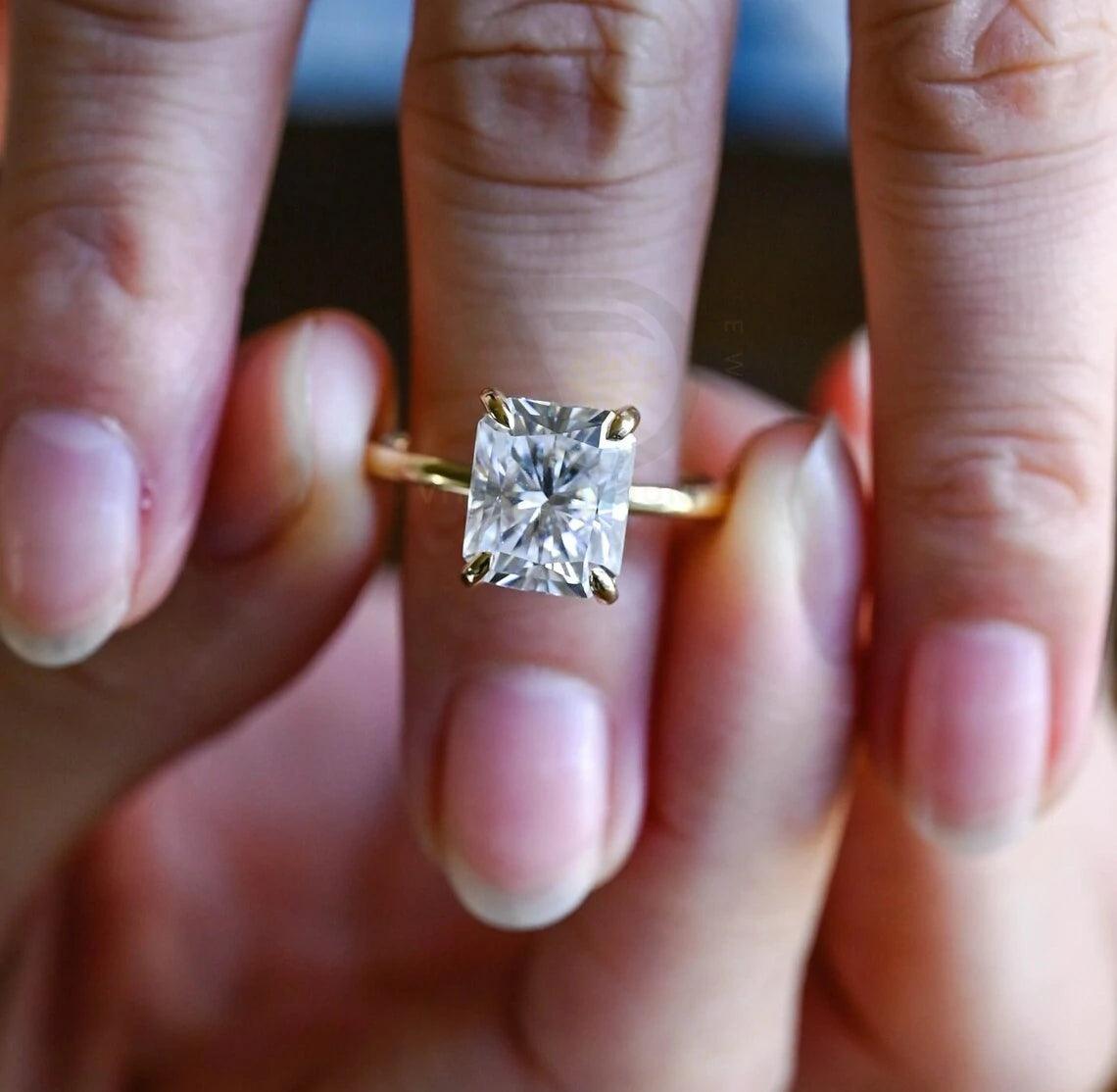 Solid gold radiant moissanite wedding ring, Promise ring, Hidden-halo radiant engagement ring for women, Solitaire anniversary ring for wife, Radiant moissanite ring, Wedding band, Anniversary gift, Bridal jewelry, Solitaire promise ring.