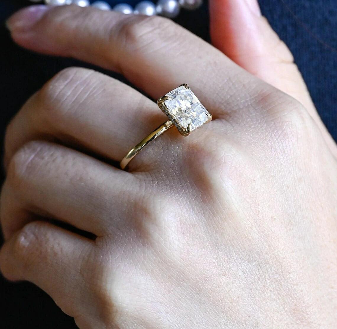 Solid gold radiant moissanite wedding ring, Promise ring, Hidden-halo radiant engagement ring for women, Solitaire anniversary ring for wife, Radiant moissanite ring, Wedding band, Anniversary gift, Bridal jewelry, Solitaire promise ring.