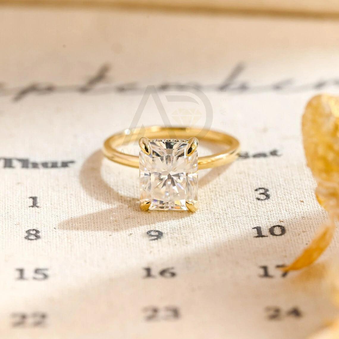 Solid gold radiant moissanite wedding ring, Promise ring, Hidden-halo radiant engagement ring for women, Solitaire anniversary ring for wife, Radiant moissanite ring, Wedding band, Anniversary gift, Bridal jewelry, Solitaire promise ring.