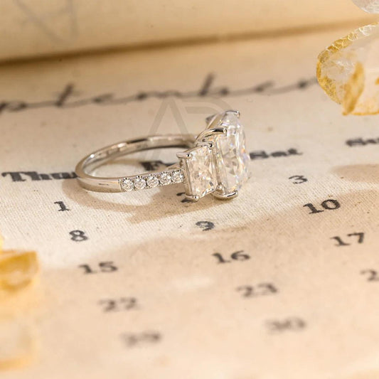 Three Stone Pave Set Radiant Engagement Ring Solid Gold Rectangle Moissanite