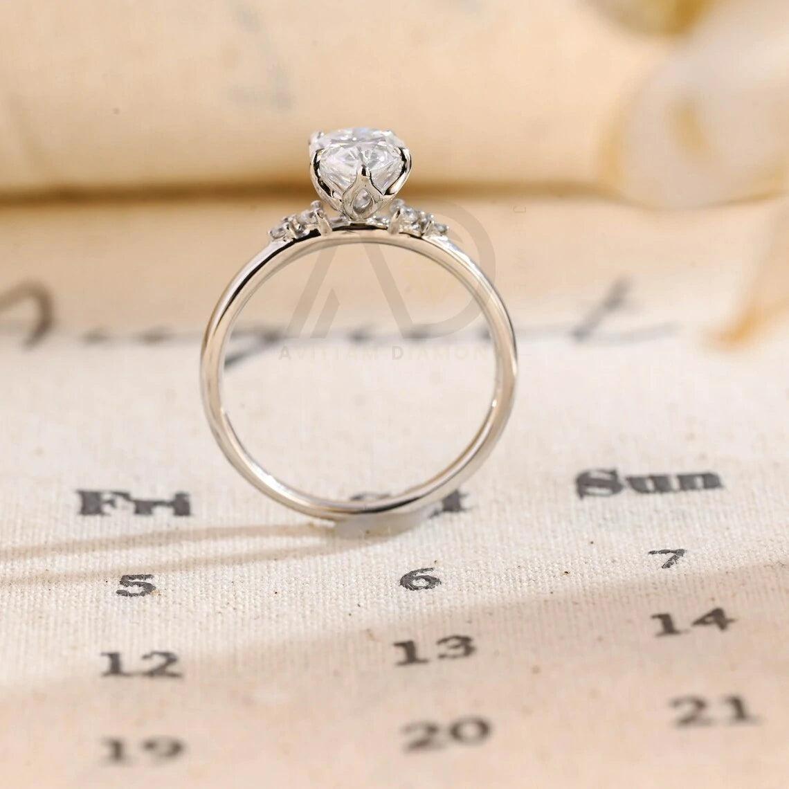 Tulip Flower Setting Pear Cut Moissanite Engagement Ring with Side Stones, Dainty Classic Real Solid Gold Pear Cut Moissanite Wedding Ring