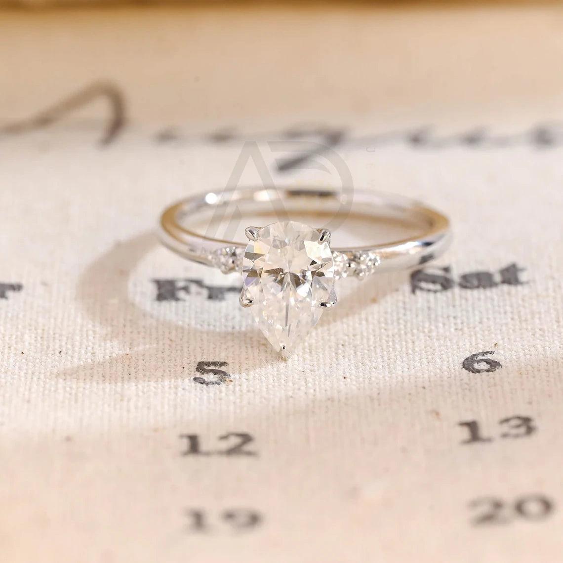 Tulip Flower Setting Pear Cut Moissanite Engagement Ring with Side Stones, Dainty Classic Real Solid Gold Pear Cut Moissanite Wedding Ring