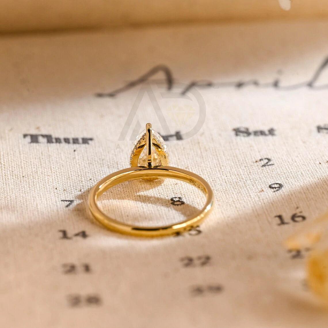 Solitaire pear moissanite engagement ring, Hidden-halo solid gold 3 prong pear wedding ring for wife, Anniversary rings, Valentine's Day gift, Pear moissanite ring, Hidden-halo wedding band, Bridal jewelry, Anniversary gift.