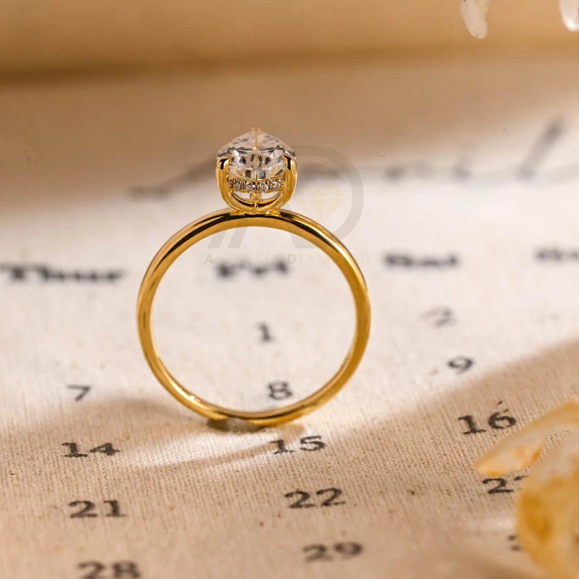 Solitaire pear moissanite engagement ring, Hidden-halo solid gold 3 prong pear wedding ring for wife, Anniversary rings, Valentine's Day gift, Pear moissanite ring, Hidden-halo wedding band, Bridal jewelry, Anniversary gift.