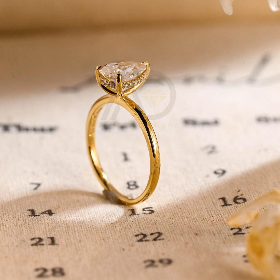 Solitaire pear moissanite engagement ring, Hidden-halo solid gold 3 prong pear wedding ring for wife, Anniversary rings, Valentine's Day gift, Pear moissanite ring, Hidden-halo wedding band, Bridal jewelry, Anniversary gift.