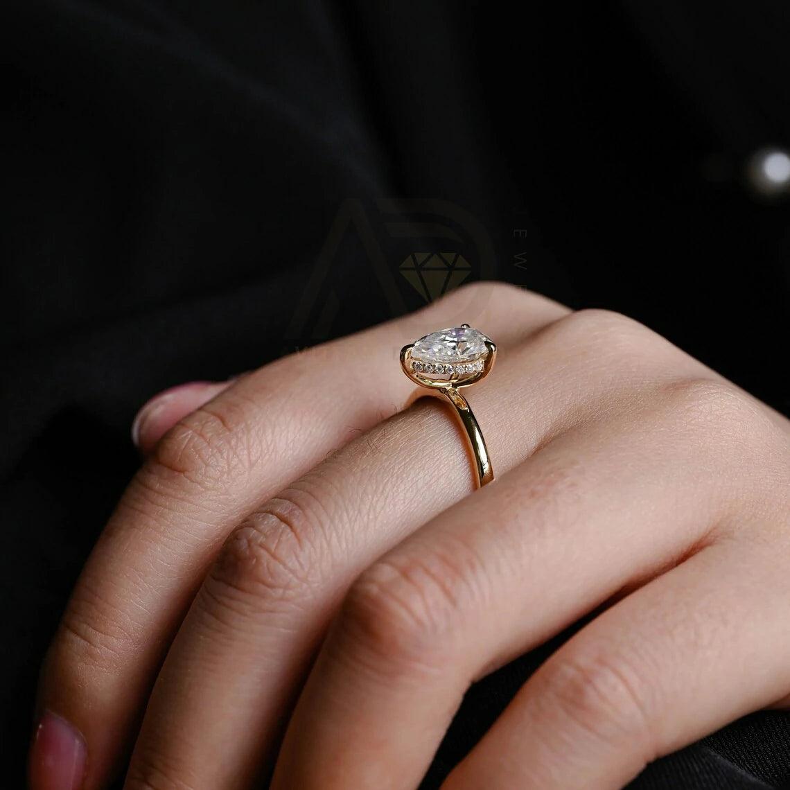 Solitaire pear moissanite engagement ring, Hidden-halo solid gold 3 prong pear wedding ring for wife, Anniversary rings, Valentine's Day gift, Pear moissanite ring, Hidden-halo wedding band, Bridal jewelry, Anniversary gift.