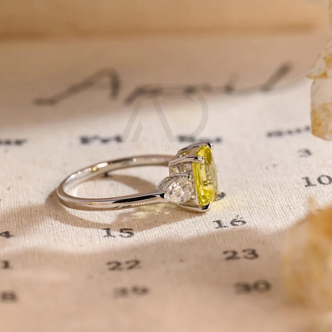 Three Stone Yellow Sapphire Radiant Engagement Ring, Solid Gold Lab Grown Sapphire Moissanite Wedding Ring for Women Wife, Anniversary Gifts