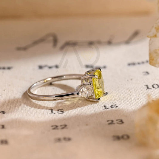 Three Stone Yellow Sapphire Radiant Engagement Ring, Solid Gold Lab Grown Sapphire Moissanite Wedding Ring for Women Wife, Anniversary Gifts