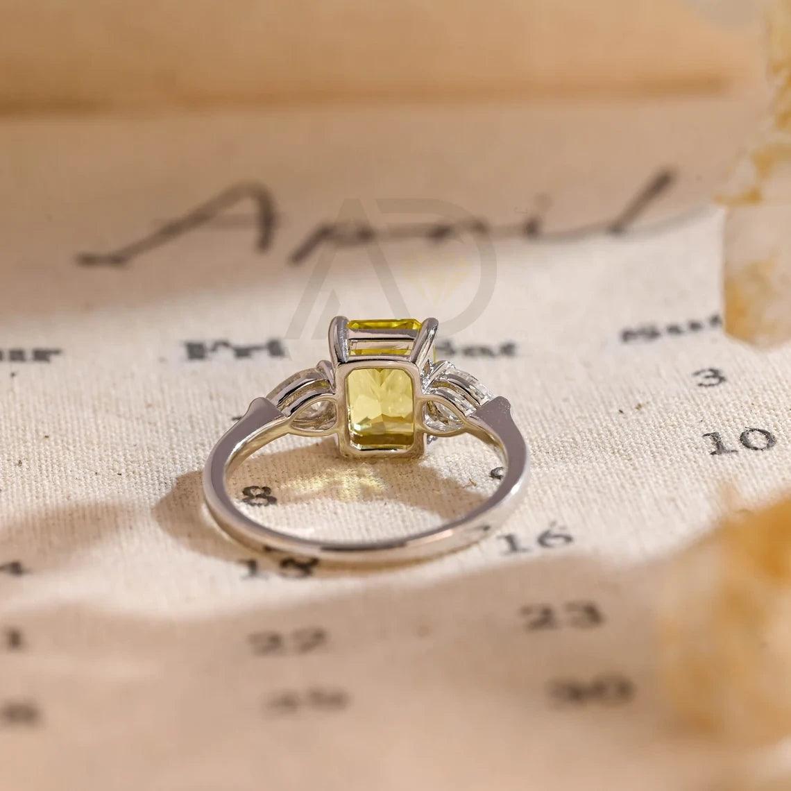 Three Stone Yellow Sapphire Radiant Engagement Ring, Solid Gold Lab Grown Sapphire Moissanite Wedding Ring for Women Wife, Anniversary Gifts