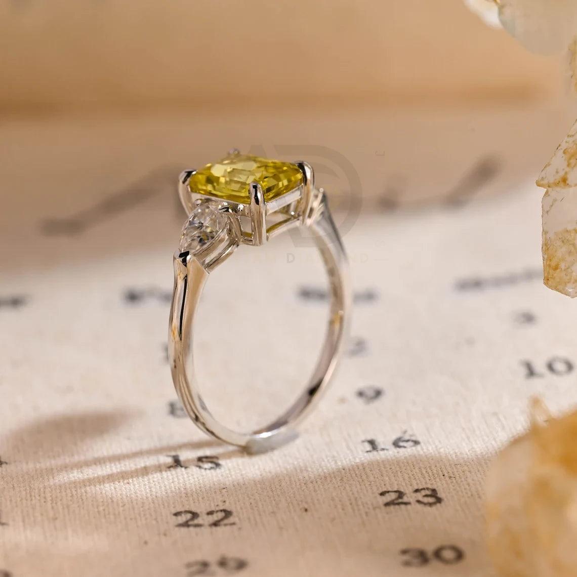 Three Stone Yellow Sapphire Radiant Engagement Ring, Solid Gold Lab Grown Sapphire Moissanite Wedding Ring for Women Wife, Anniversary Gifts