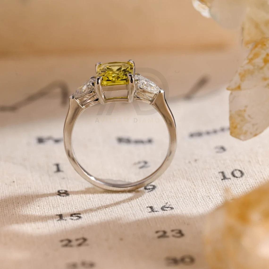 Three Stone Yellow Sapphire Radiant Engagement Ring, Solid Gold Lab Grown Sapphire Moissanite Wedding Ring for Women Wife, Anniversary Gifts