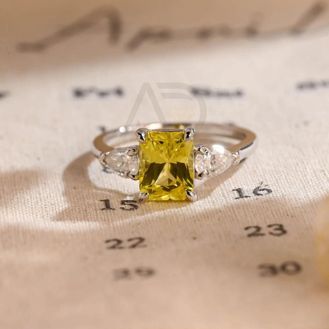 Three Stone Yellow Sapphire Radiant Engagement Ring, Solid Gold Lab Grown Sapphire Moissanite Wedding Ring for Women Wife, Anniversary Gifts