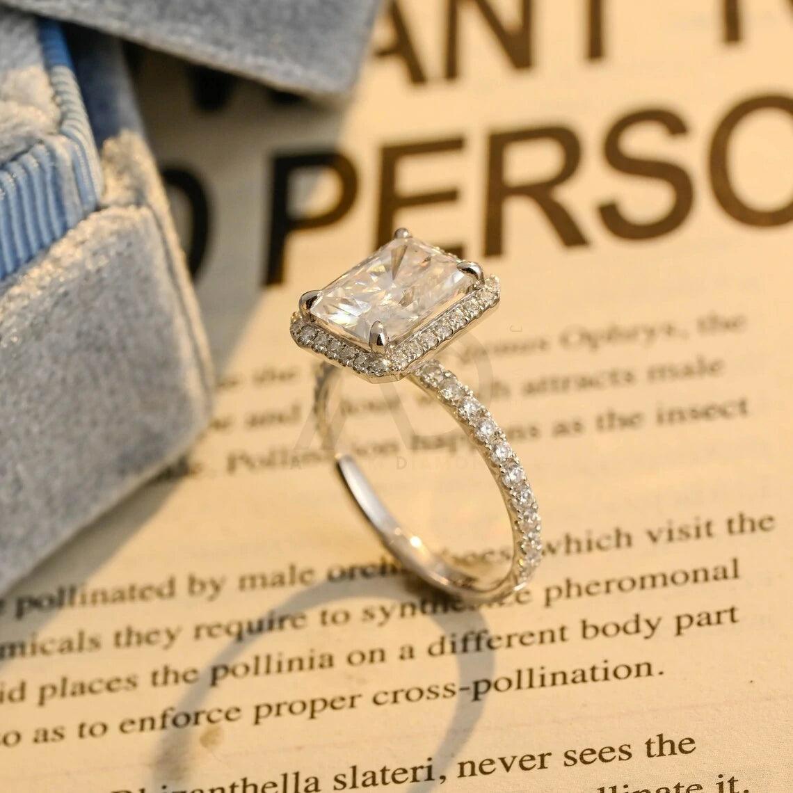 Solid gold radiant cut halo pave moissanite engagement ring, Vintage radiant cut moissanite wedding ring, Birthday gift, Anniversary gift, Halo pave moissanite ring, Vintage wedding band, Solid gold engagement ring, Sparkling moissanite ring, Unique bridal jewelry