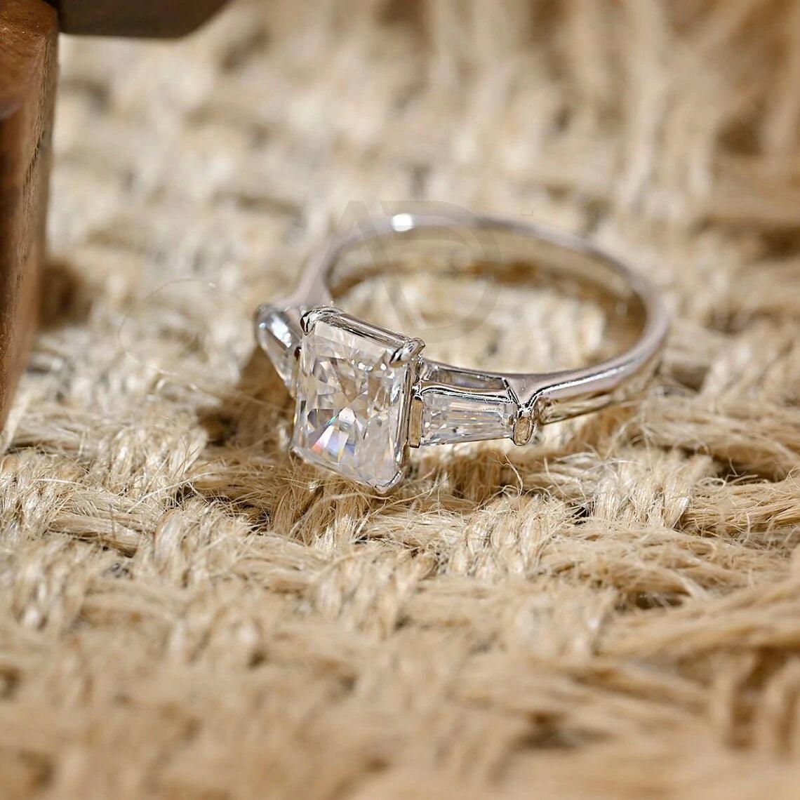 Three Stone Radiant Moissanite Engagement Ring, Solid Gold Radiant Engagement Ring Wedding Ring, Rectangle Anniversary Ring Gifts for Her
