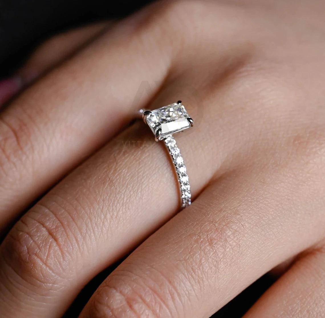 Solid gold radiant moissanite engagement ring, Pave set solitaire radiant wedding ring, Anniversary ring gifts for wife, Rectangle gold ring, Radiant moissanite ring, Solitaire wedding band, Anniversary gifts, Bridal jewelry, Rectangle gold engagement ring, Sparkling moissanite jewelry