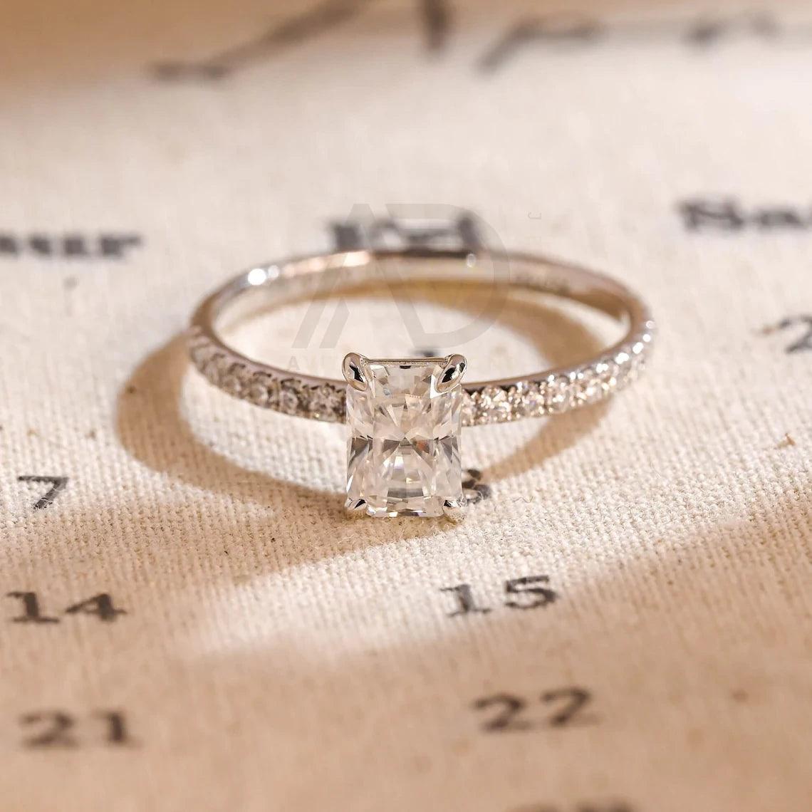 Solid gold radiant moissanite engagement ring, Pave set solitaire radiant wedding ring, Anniversary ring gifts for wife, Rectangle gold ring, Radiant moissanite ring, Solitaire wedding band, Anniversary gifts, Bridal jewelry, Rectangle gold engagement ring, Sparkling moissanite jewelry