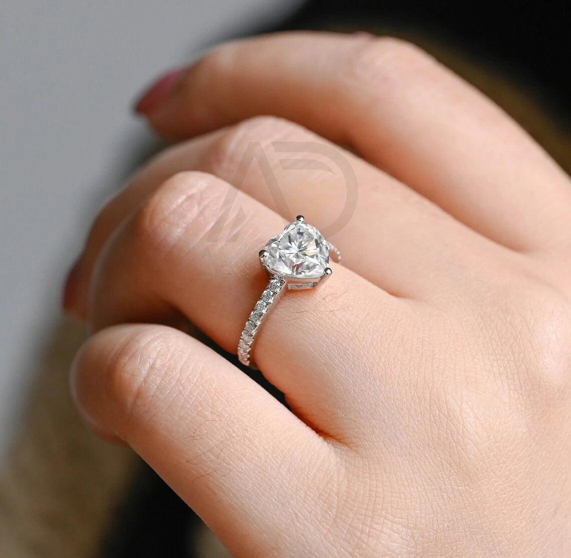 Pave Set Heart Moissanite Engagement Ring, Solid Gold Minimalist Heart Wedding Ring, Bridal Ring, Anniversary Ring Gifts for Women, Women's Moissanite Ring, Customizable Fine Jewelry, Unique Anniversary Gift, Luxurious Symbol of Love, Timeless Elegance, Romantic Anniversary Jewelry