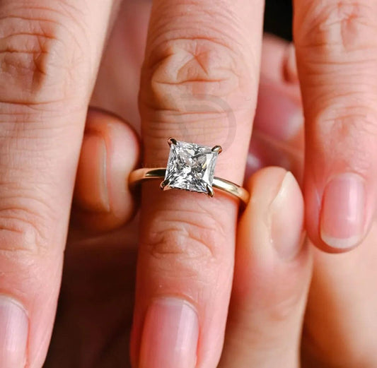 Classic Princess Cut Moissanite Ring with Hidden Halo Detail