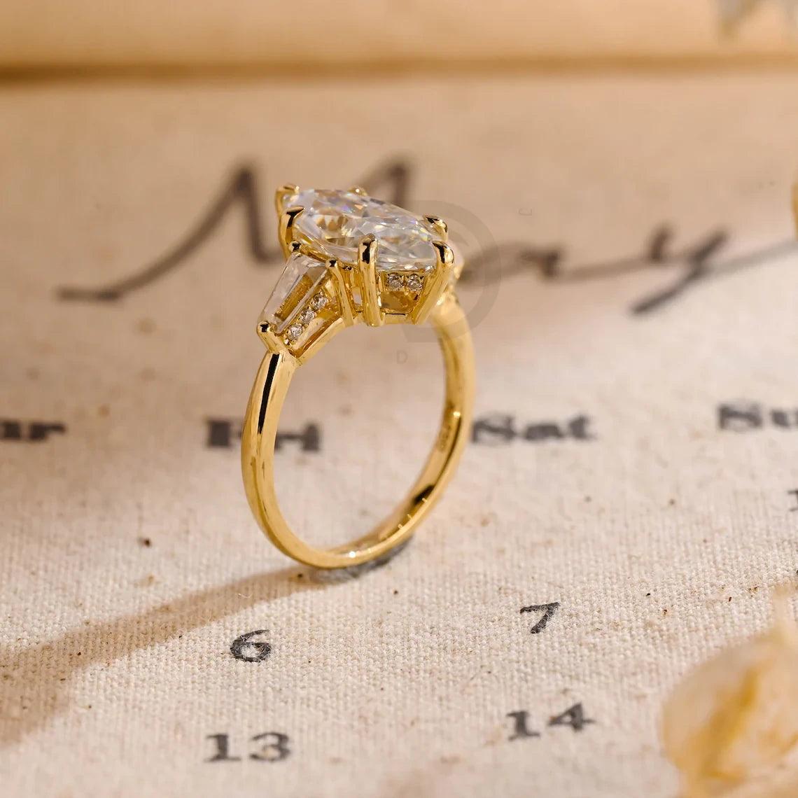 Three Stone Marquise Moissanite Engagement Ring, Hidden-Halo Marquise Wedding Ring, Low Set Cathedral Setting Solid Gold Anniversary Gifts