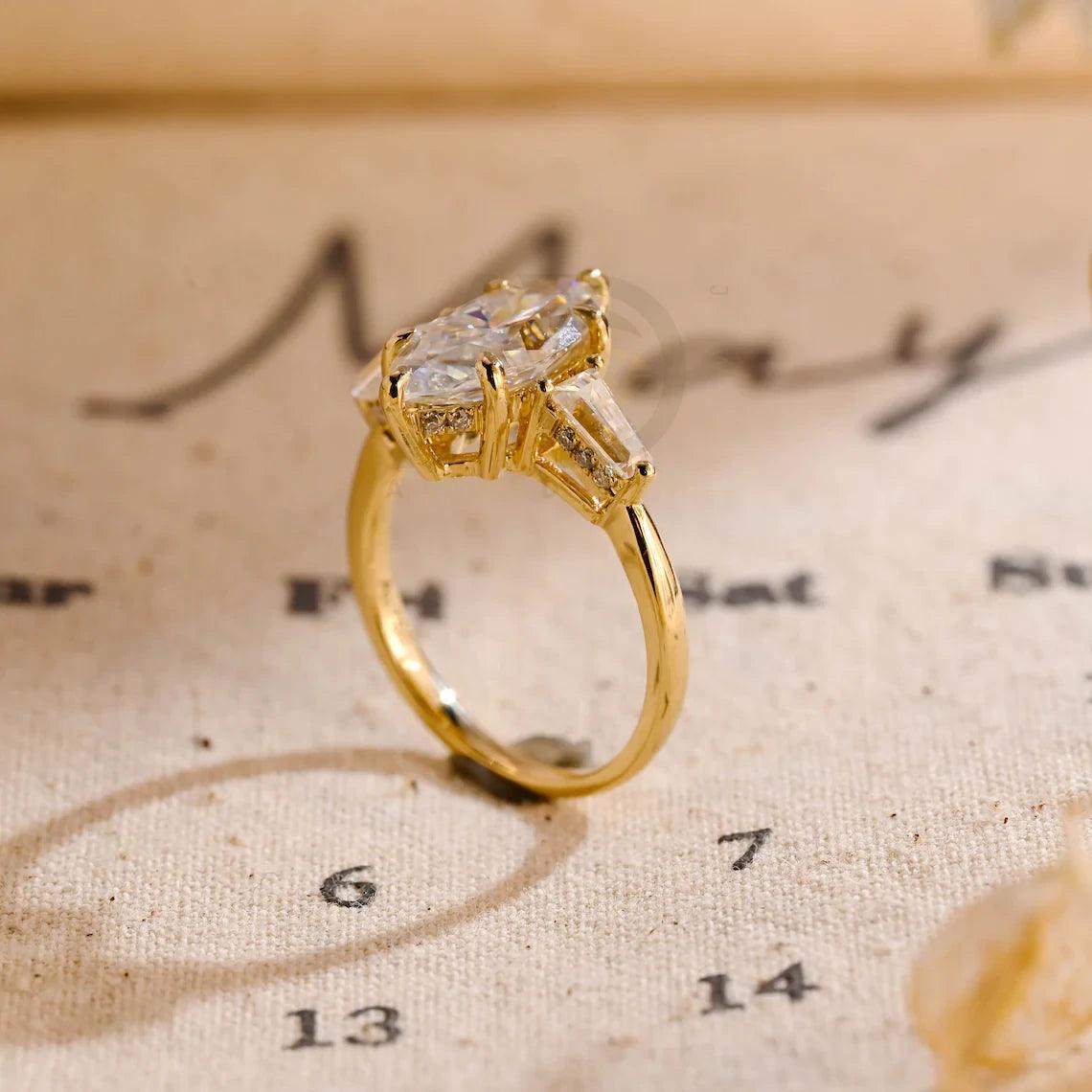 Three Stone Marquise Moissanite Engagement Ring, Hidden-Halo Marquise Wedding Ring, Low Set Cathedral Setting Solid Gold Anniversary Gifts