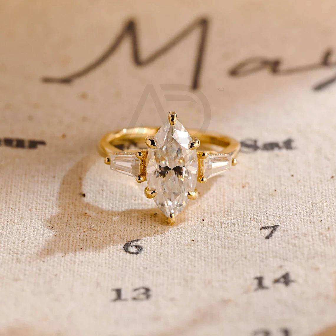 Three Stone Marquise Moissanite Engagement Ring, Hidden-Halo Marquise Wedding Ring, Low Set Cathedral Setting Solid Gold Anniversary Gifts