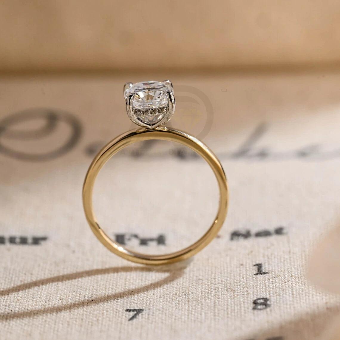 Two Tone Hidden-Halo Cushion Moissanite Engagement Ring, Solitaire Wedding Ring for Girlfriend, Solid Gold Classic 4 Prong Cushion Gold Ring
