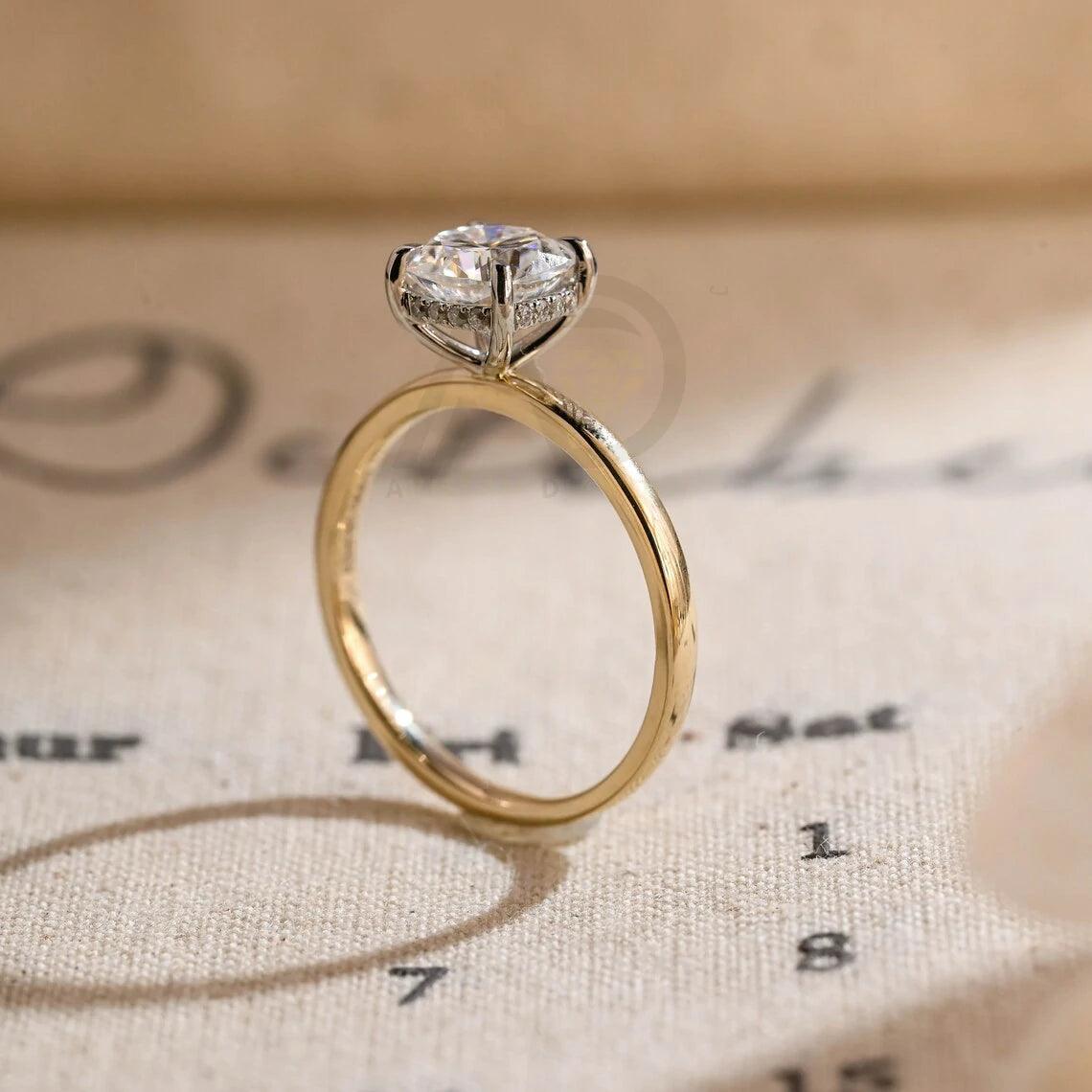 Two Tone Hidden-Halo Cushion Moissanite Engagement Ring, Solitaire Wedding Ring for Girlfriend, Solid Gold Classic 4 Prong Cushion Gold Ring
