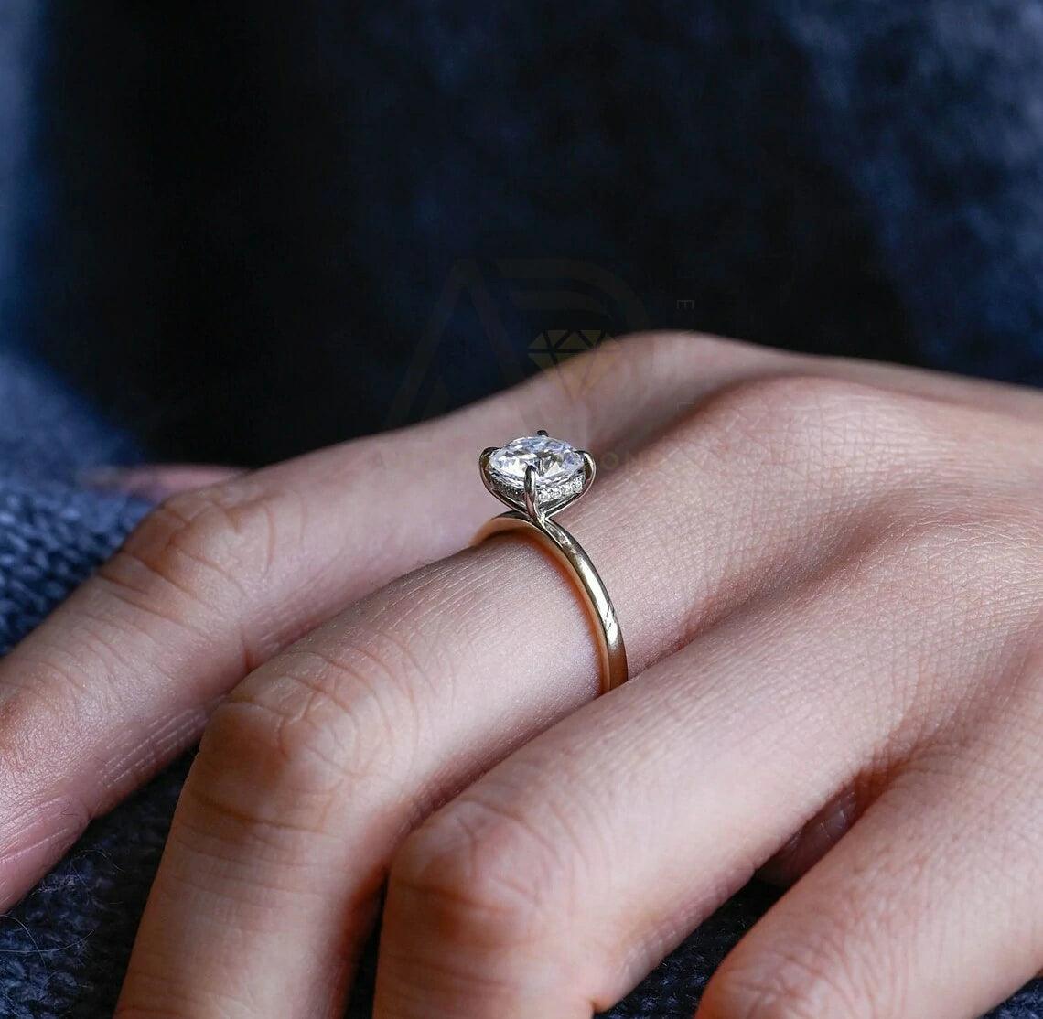 Two Tone Hidden-Halo Cushion Moissanite Engagement Ring, Solitaire Wedding Ring for Girlfriend, Solid Gold Classic 4 Prong Cushion Gold Ring