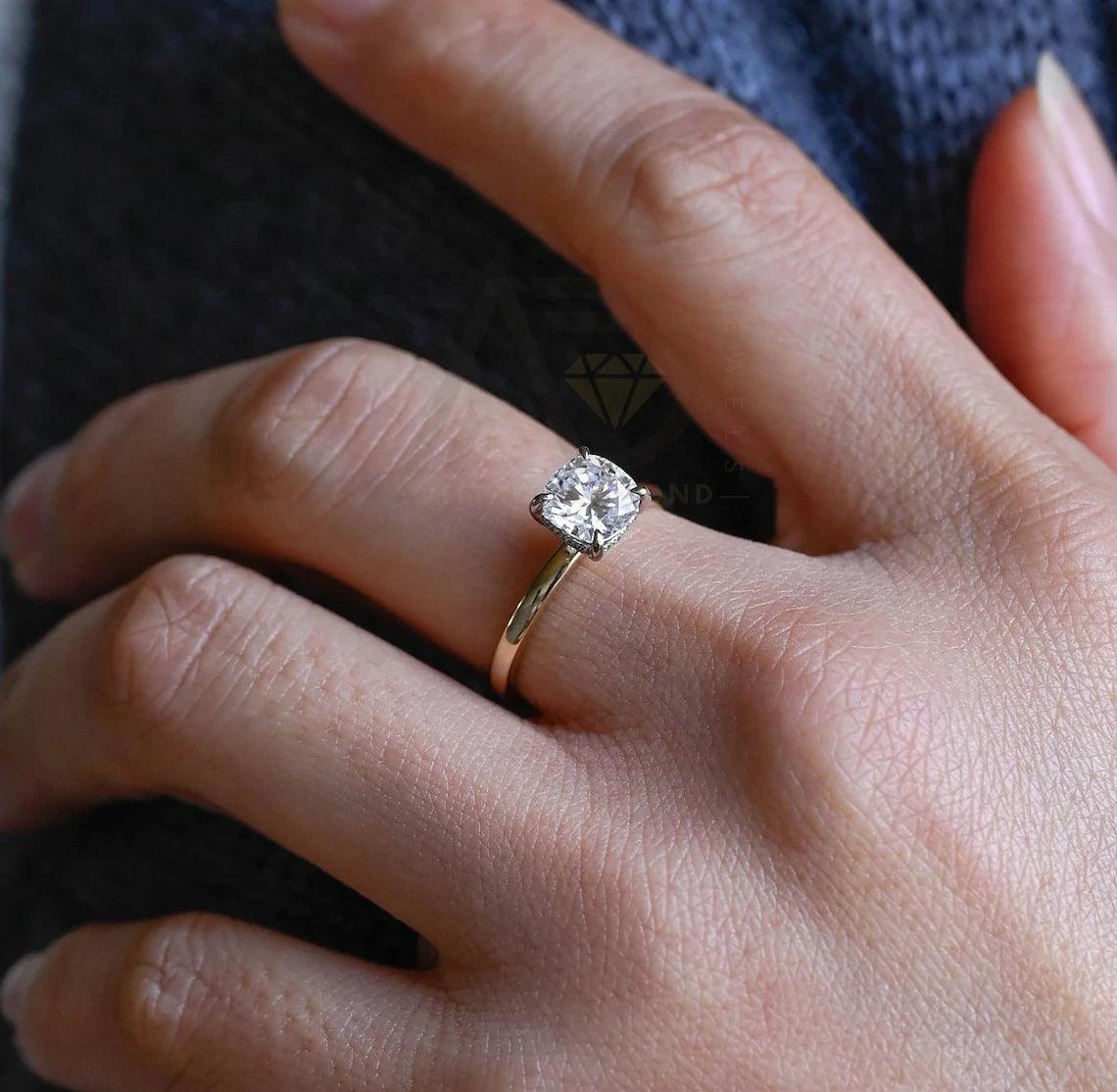 Two Tone Hidden-Halo Cushion Moissanite Engagement Ring, Solitaire Wedding Ring for Girlfriend, Solid Gold Classic 4 Prong Cushion Gold Ring