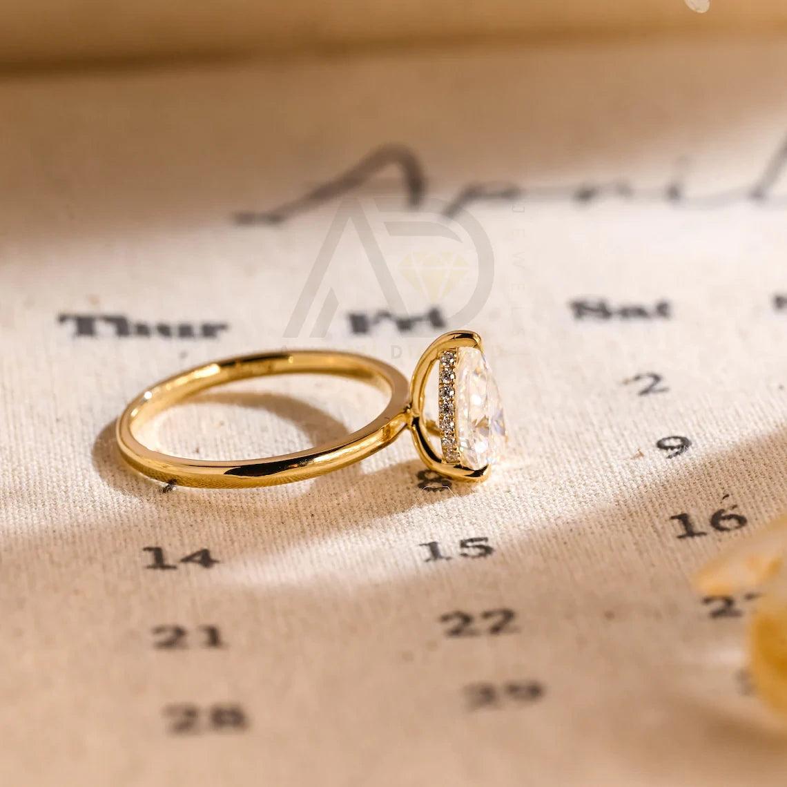 Solitaire pear moissanite engagement ring, Hidden-halo solid gold 3 prong pear wedding ring for wife, Anniversary rings, Valentine's Day gift, Pear moissanite ring, Hidden-halo wedding band, Bridal jewelry, Anniversary gift.
