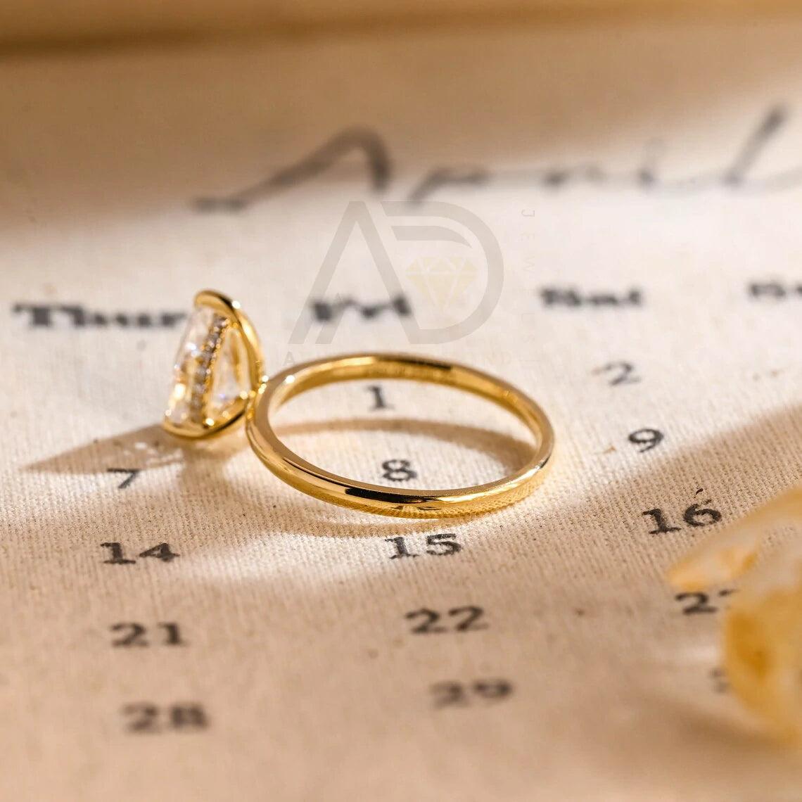 Solitaire pear moissanite engagement ring, Hidden-halo solid gold 3 prong pear wedding ring for wife, Anniversary rings, Valentine's Day gift, Pear moissanite ring, Hidden-halo wedding band, Bridal jewelry, Anniversary gift.